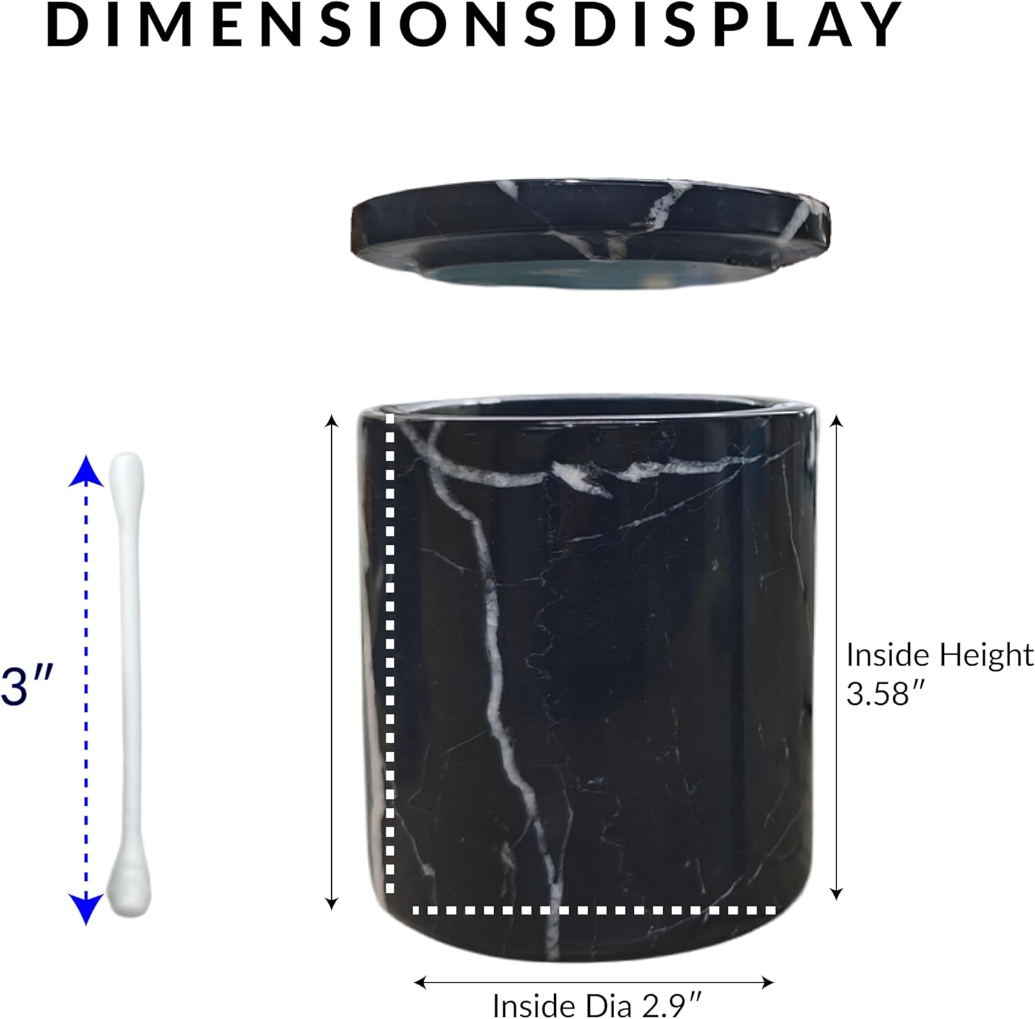 Marble Canister Qtip Holder with Lid, Black Nature Stone Large Container Jar for Cotton Balls/Swabs/Pads/Floss Picks/Bath Salts/Vanity Makeup Storage Organizer, Large Bathroom Accessories Modern Decor