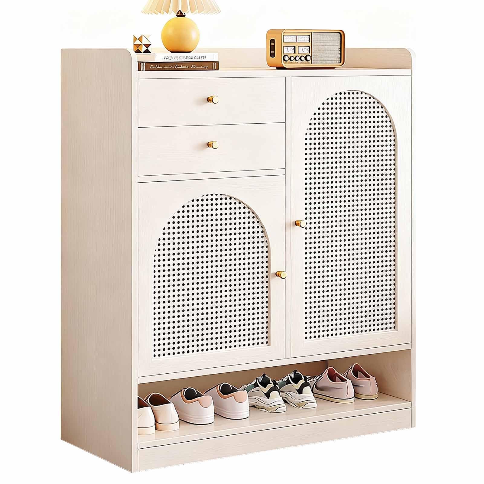 Meuble à chaussures blanc 100cm avec portes et tiroir en rotin