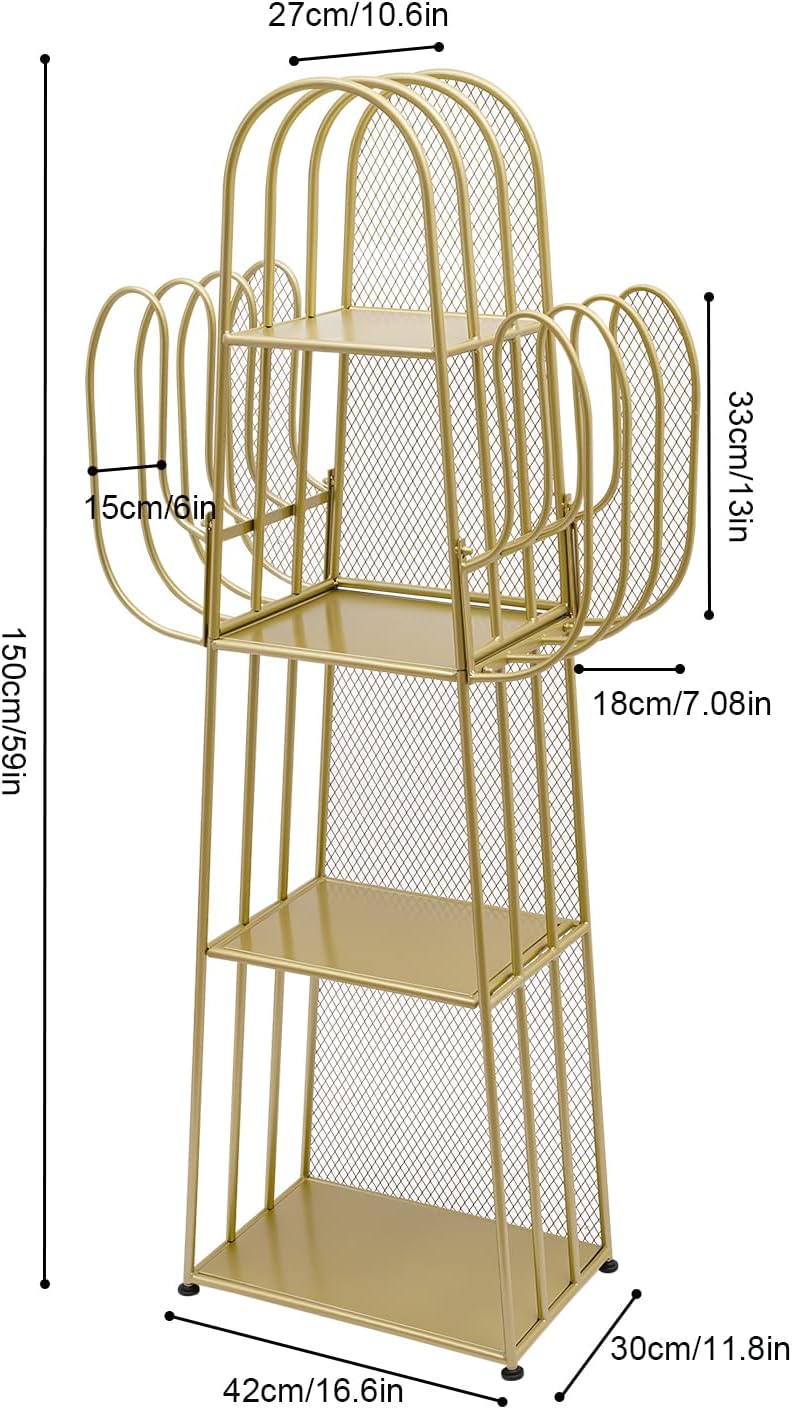 Bookshelf, 4-Tier Freestanding Bookshelf Book Storage Stand Book Display Shelves Library Bookcase Cactus-Shaped Bookcases with 8 Hooks for Living Room, Bedroom, Home Office (Gold)