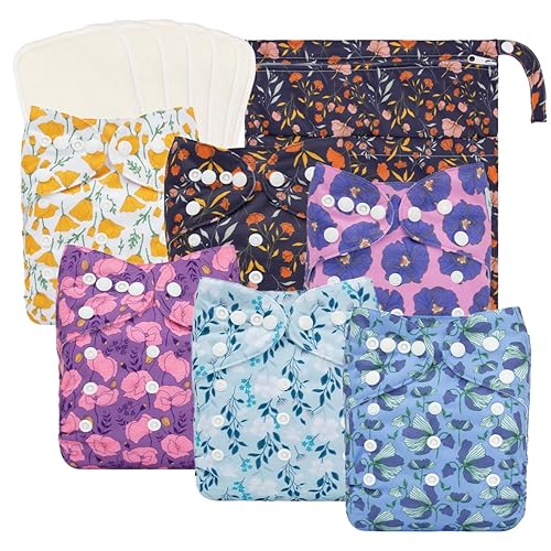 babygoal Pañales de tela reutilizables, paquete de 6 + 6 piezas de insertos + bolsa húmeda, tamaño único, fundas de pañales de bolsillo lavables