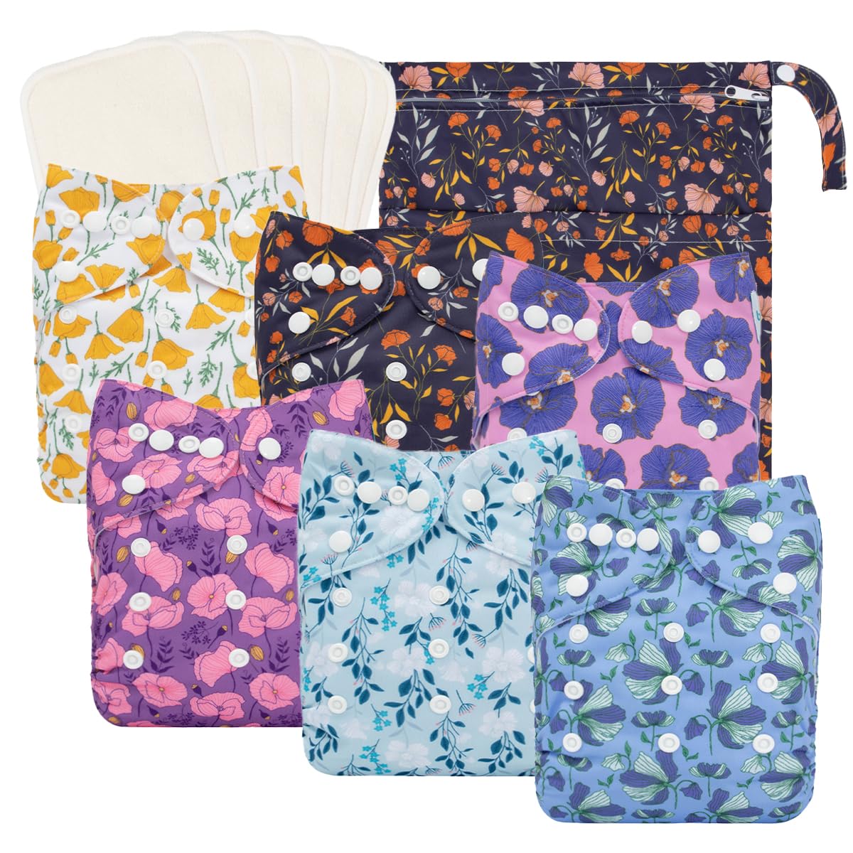 babygoal Reusable Cloth Diapers 6 Pack+6pcs Inserts+Wet Bag, One Size Adjustable Washable Pocket Nappy Covers for Baby Girls and Boys-Rash Free