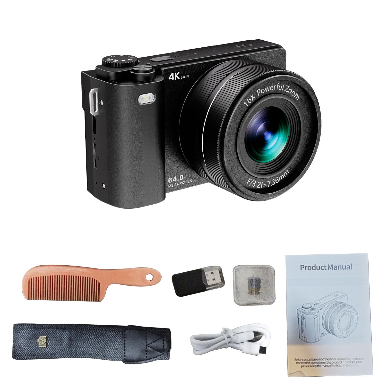 Andoer Cámara Digital 64MP para Vlogging, Zoom Óptico 16X, Pantalla IPS de 2.8 Pulgadas, MP3, Self-Timer, Ráfaga, Ángulos de Visión Amplios con Zoom Óptico 16X para Conciertos, Vida (Negro)