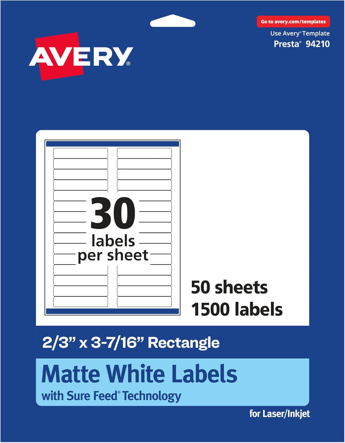 Avery Matte White Rectangle Labels, Sure Feed Technology, 2/3" x 3-7/16", 3,000 Matte White Printable Labels