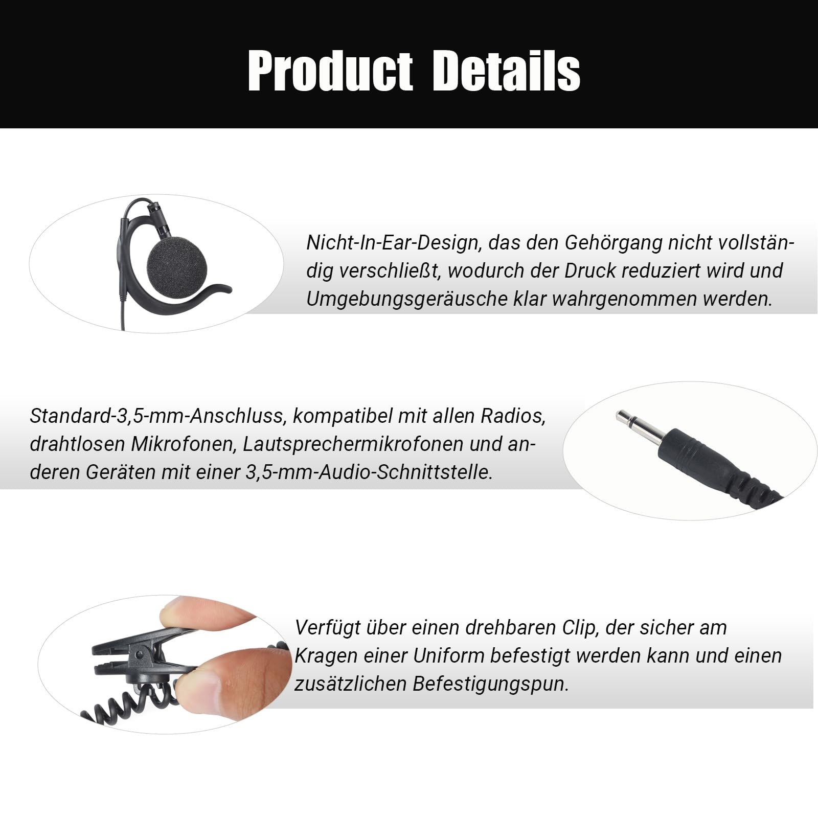 UAYESOK Auricolare radio leggero a 1 pin da 3,5 mm, solo per ascolto, design on-ear, cuffia tattica per forze dell'ordine per walkie-talkie Kenwood Motorola con microfono altoparlante