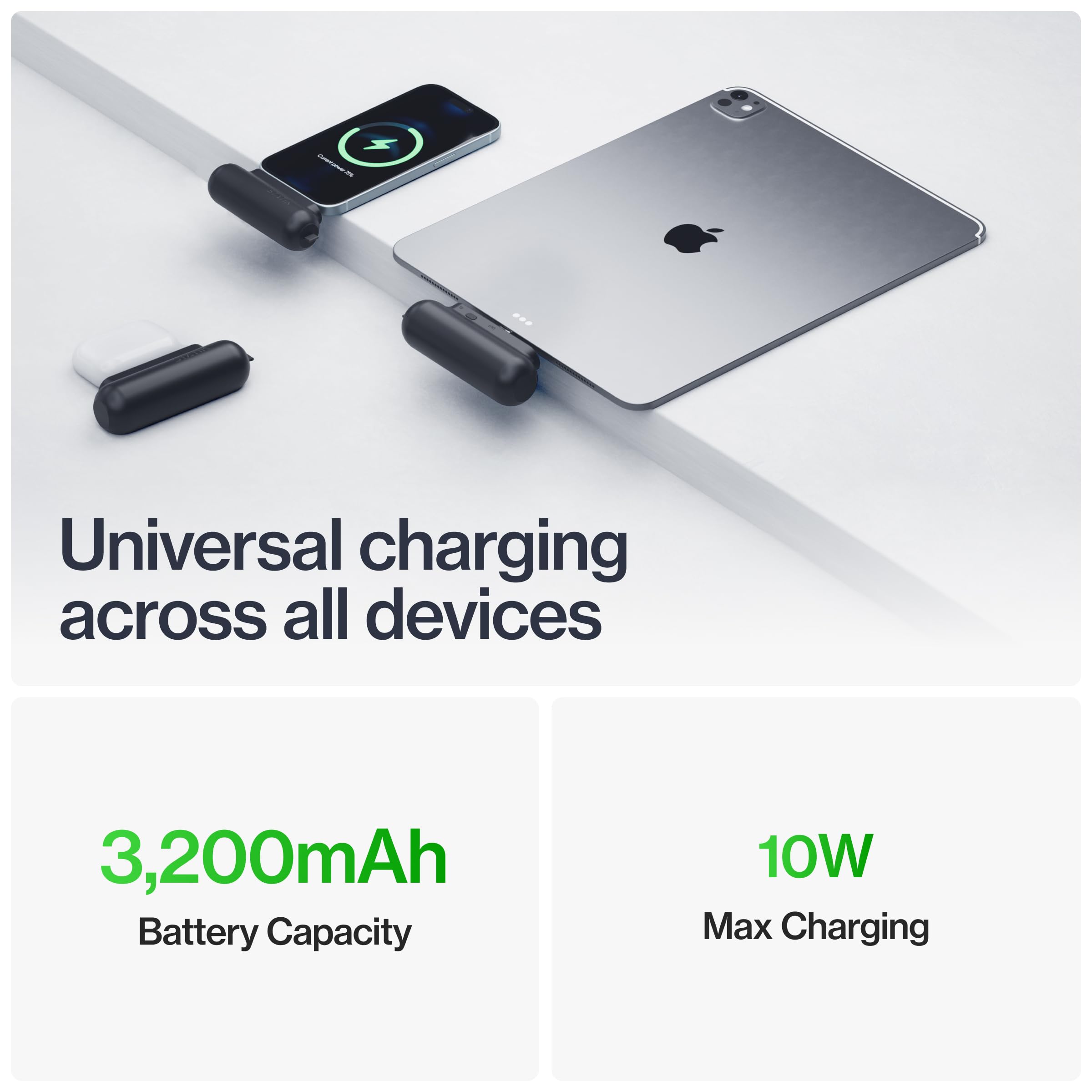 STATIK Snap-N-Charge (Gen 3) - Mini power bank, caricabatterie portatile per tutti i dispositivi, adattatori magnetici 3 in 1 (USB-C, micro USB, iProduct), compatto, 3200 mAh, 10 W, nero, confezione