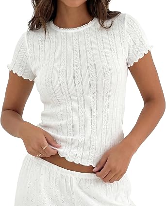 Womens Y2k Aesthetic Picot Crew Neck Pointelle Crop T Shirts Slim Clean Fit Lettuce Trim Short Sleeve Tee Tops