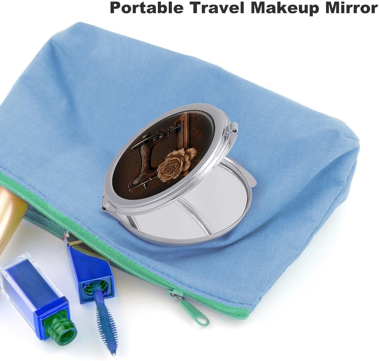 Rose and Sewing Machine Portable Makeup Mirror, Sided Travel Hand Mirror Mini Folding Mirror for Precise Makeup Women Daily Use