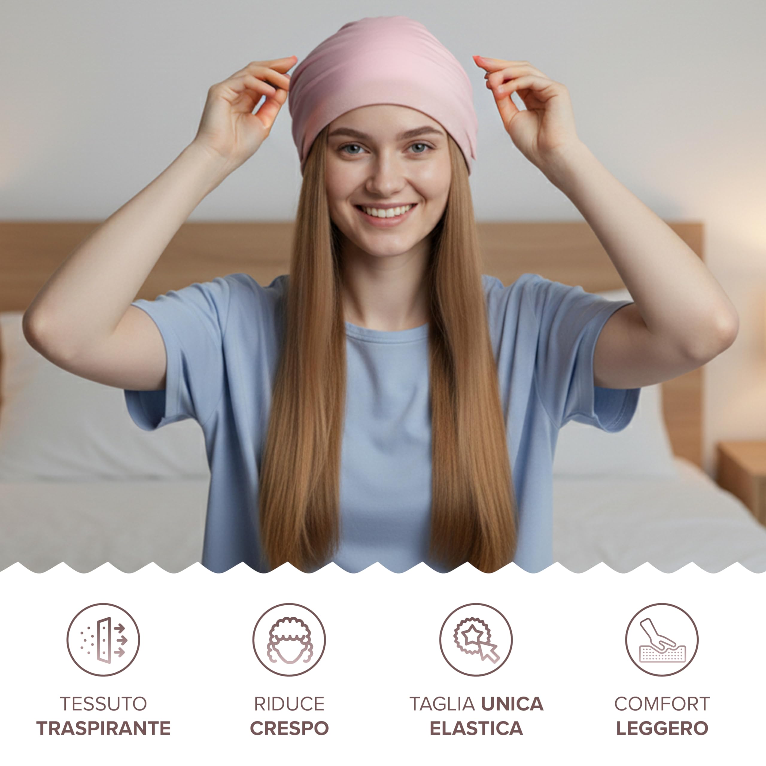 Cuffia Capelli Ricci Notte - Cuffia per Dormire Capelli Ricci, Mossi o Lisci, Anche con i Bigodini - Cappello da Notte Donna in Tessuto Morbido e Confortevole, Rosa