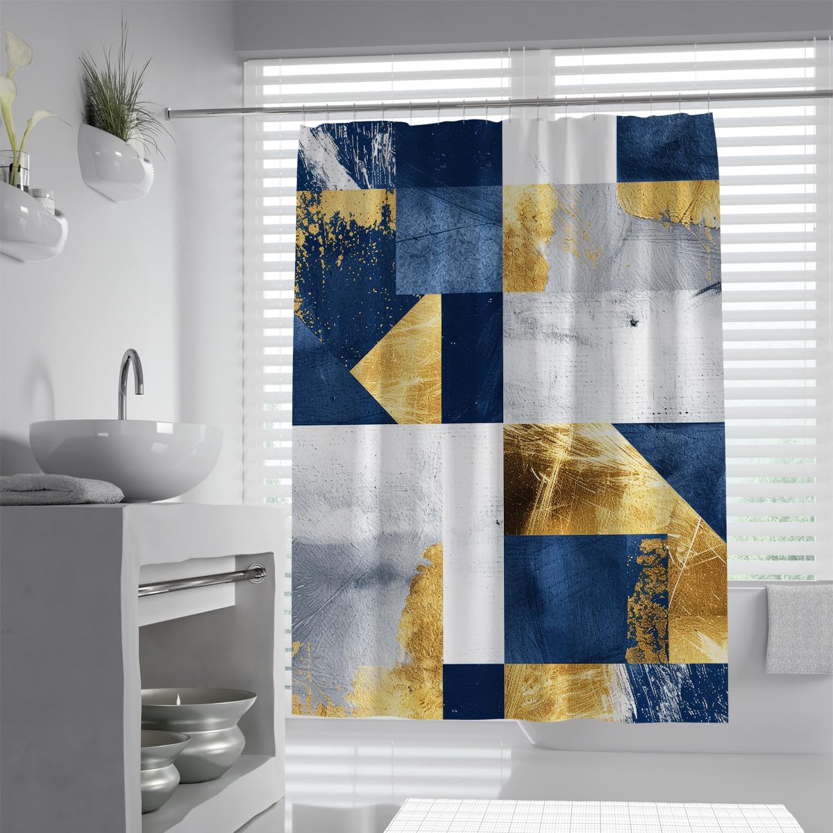 UIRINGART Geometric Shower Curtain W120xL180cm Modern Indigo Blue Gold Foil Texture Patchwork Blocks Mildew Mould Resistant Fabric Easy to Clean Home Bathroom Curtains
