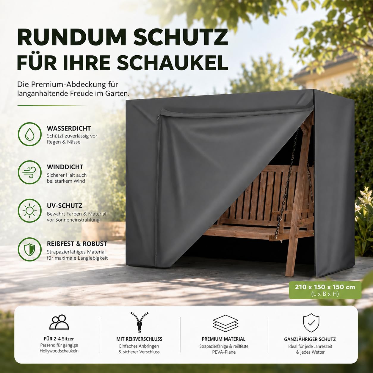 Bâche pour balancelle de jardin 2,3,4 places, 210 x 150 x 150 cm, housse imperméable à l'eau, coupe-vent et protection UV – Housse de protection indéchirable (1)
