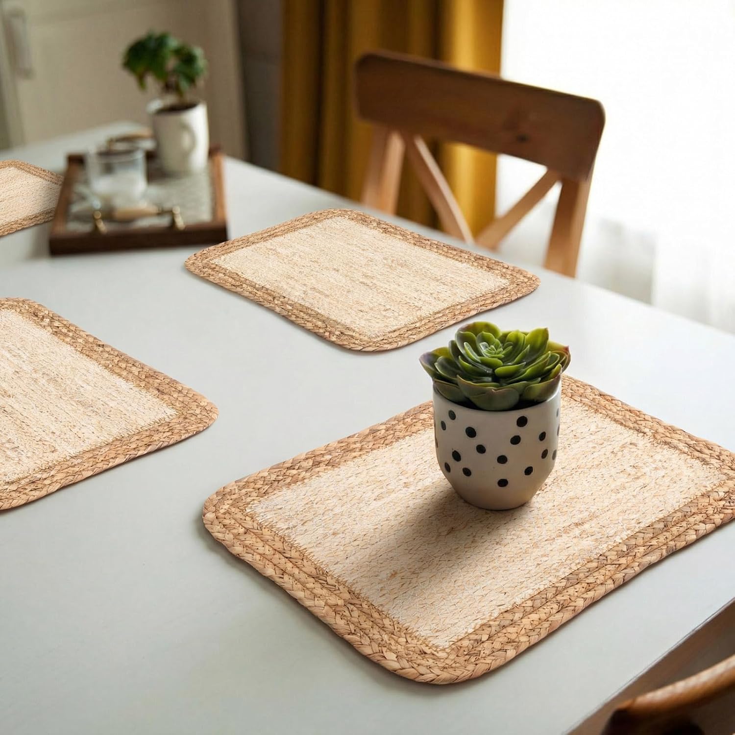 Woven Placemats Set of 6 17" x 12" Rectangular Rattan Placemats Table Mats Natural Water Hyacinth and Corn Husk Handmade Farmhouse Boho Spring Plate Chargers for Dining Table Home Wedding