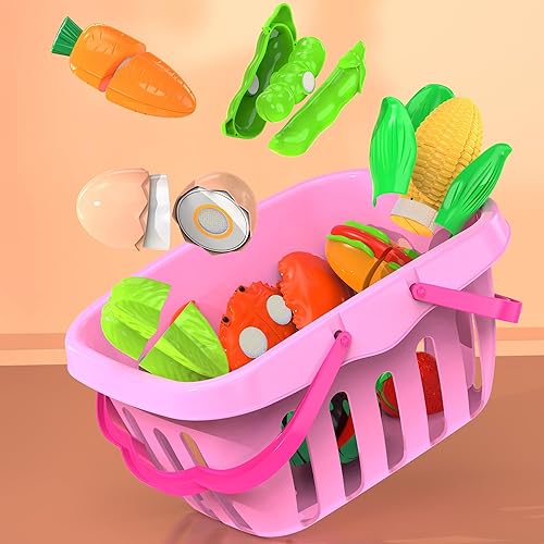 Miniatura 6 de Juego de 94 piezas de alimentos de corte para cocina infantil (45 artículos), comida de juego de simulación con cesta de la compra, accesorios de