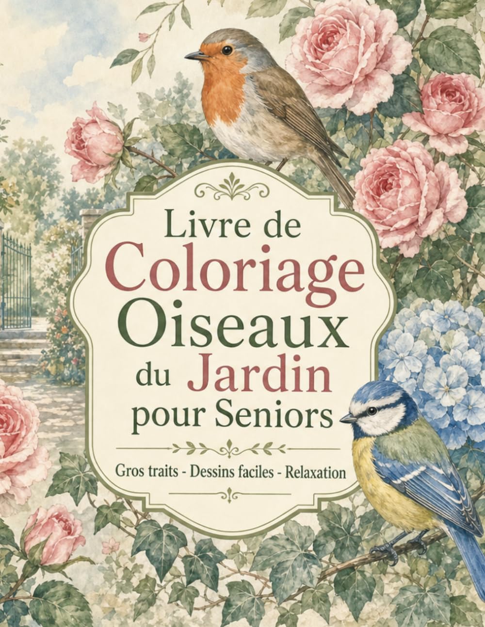 Livre de Coloriage Oiseaux du Jardin pour Seniors: 50 dessins faciles aux gros traits pour détente et plaisir créatif