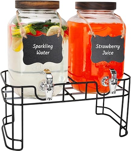 Dispensadores de bebidas de vidrio para fiestas, paquete de 2 dispensadores de bebidas de 1 galón con tapas de madera, soporte de metal y espita