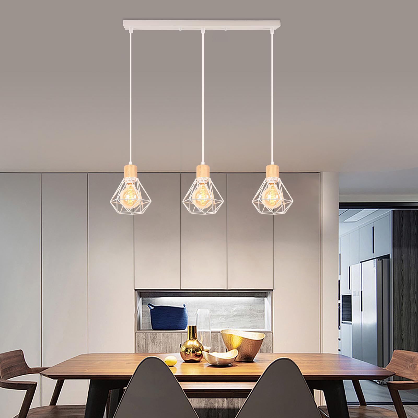 iDEGU 3 Luci Lampadario Industriale in Metallo Legno Lampada da Soffitto Stile Gabbia Bianco Illuminazione E27 Lampada a Sospensione Vintage per Sala da Pranzo Cucina Soggiorno Caffè (Barra)