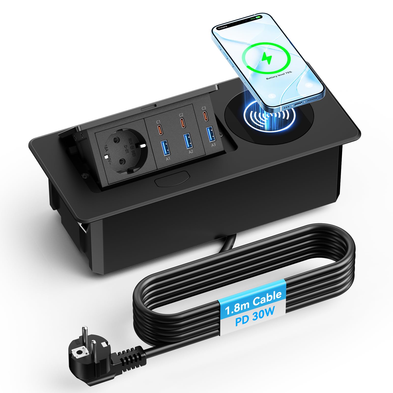 Alpheus Prise Encastrable Plan de Travail, Charge sans Fil 15W, USB-C1 30W