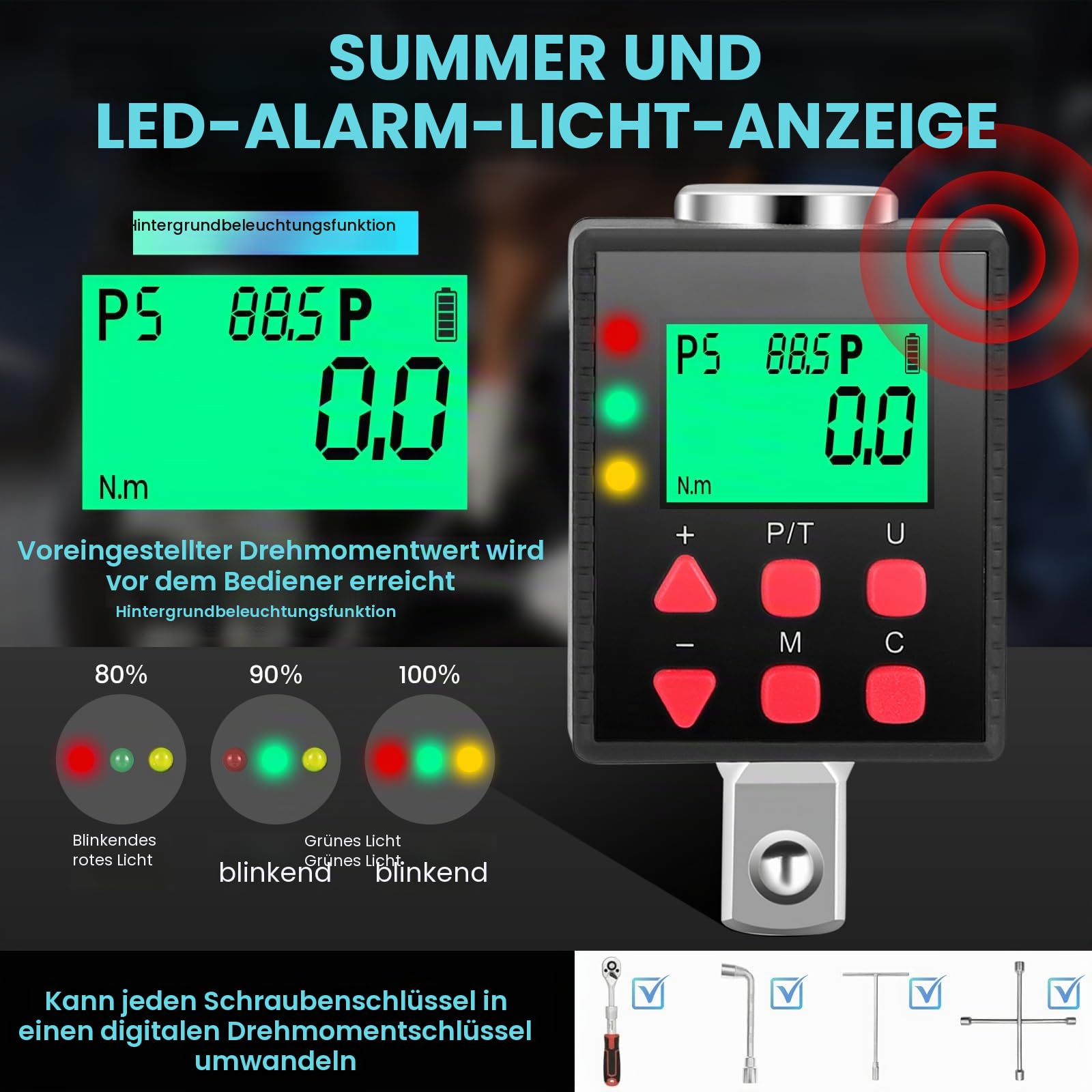 Digitaler Drehmomentadapter 1/2 Zoll, 3,4 – 340Nm Drehmoment Digital Adapter, Genauigkeit ± 1% mit Voreingestellter, Speicher, Summer, LCD Anzeige, 1/4" 3/8" Adapter für Auto, Motorrad, Fahrrad