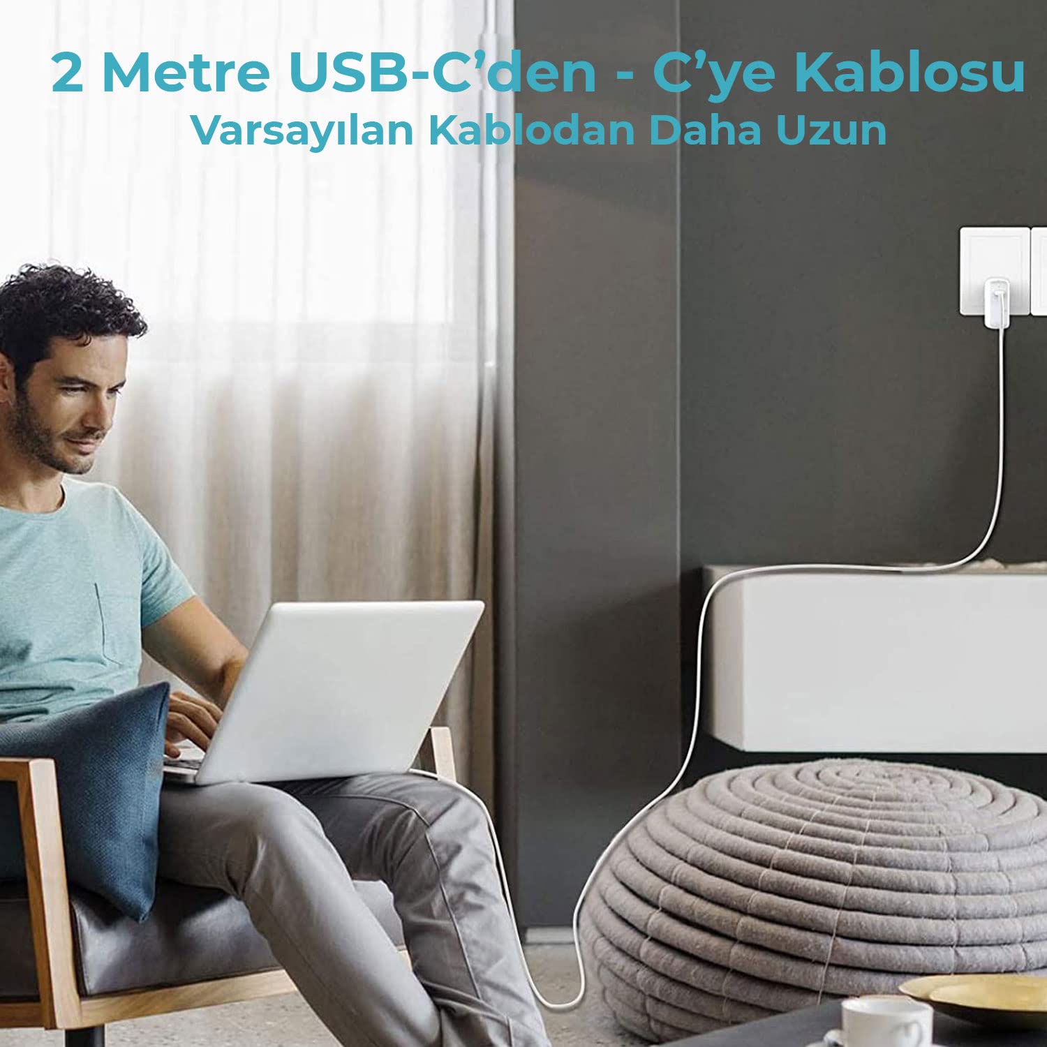 Bix BXUC65FTA 65W PD Typ-C Girişli Macbook Pro/Air Şarj Cihazı, MacBook Air/Pro 13/14/15/16 İnç Led Göstergeli ve Tüm Type-C Cihazlarıyla Uyumlu 2 Metre Type-C’den Type-C’ye Kablo