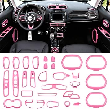 Danti Interior Accessories Decoration Cover Trim Air Conditioning Vent Decoration & Door Speaker & Water Cup Holder & Headlight Switch for Jeep Renegade 15-21 Pink, 31Pcs