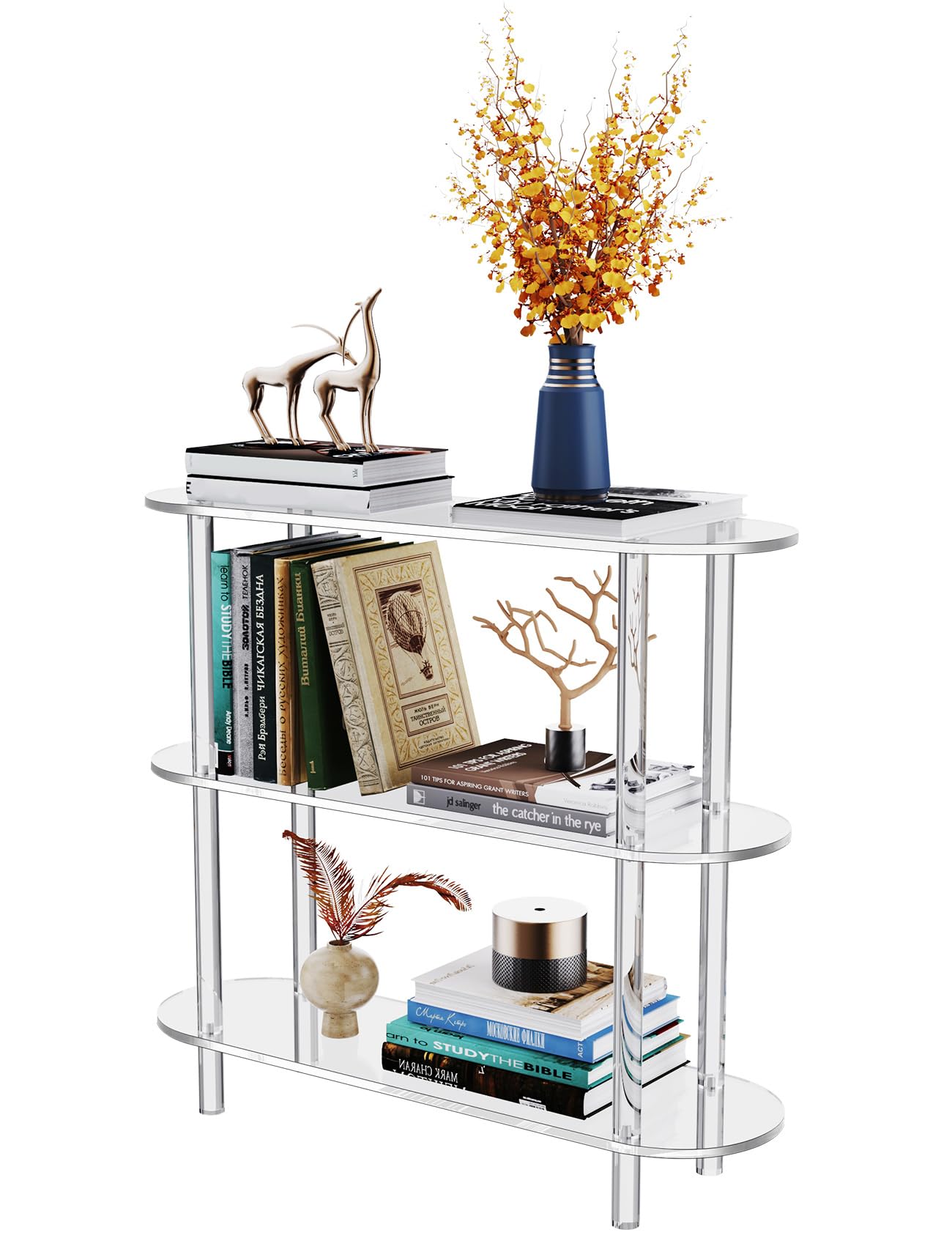 Tavolo Consolle in Acrilico Trasparente, Ingresso Consolle Tavolino, Scaffale Libreria (3 Ripiani Trasparente)