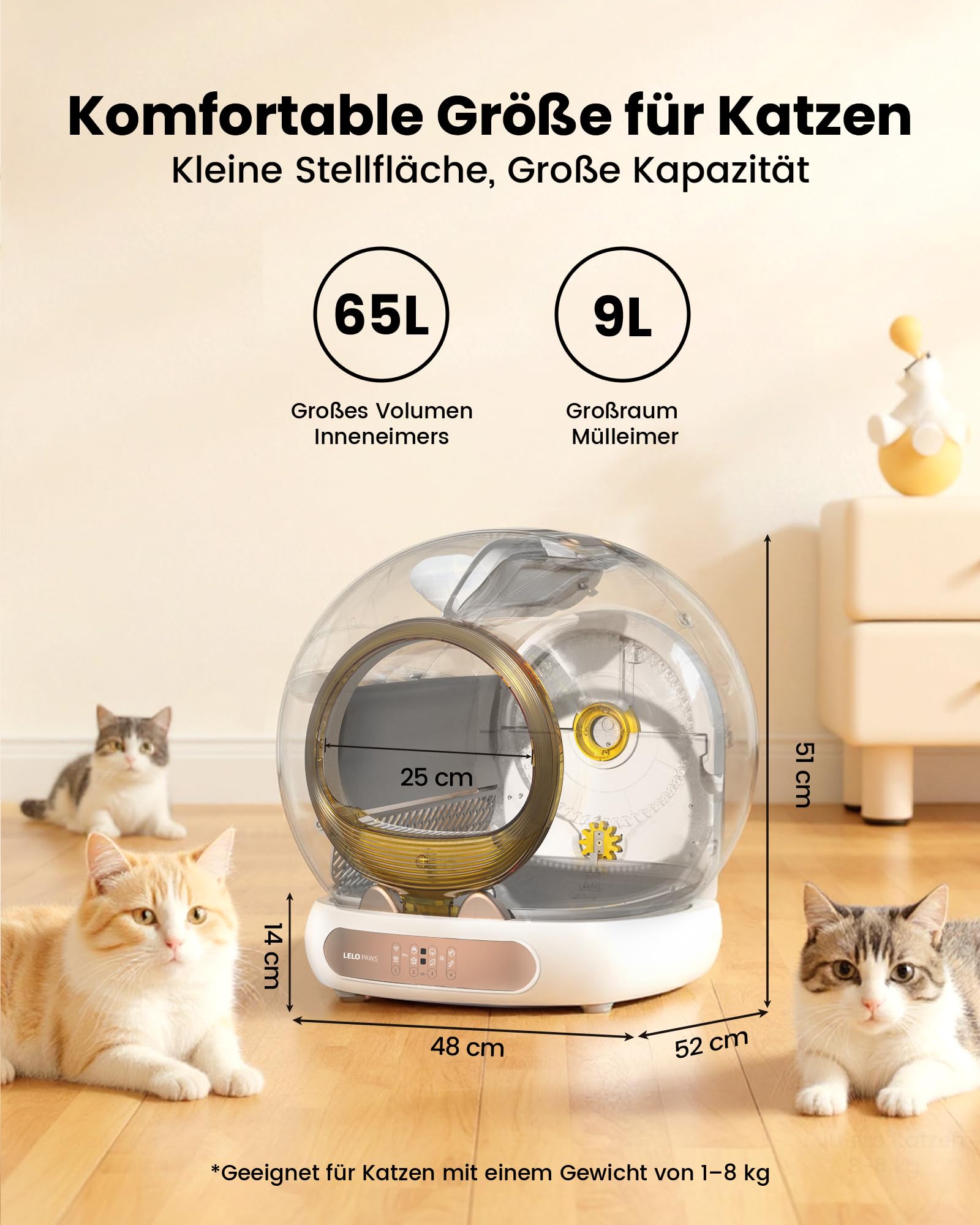 Selbstreinigende Katzentoilette mit Türvorhang, 65L+9L Katzenklo Selbstreinigend mit Müllbeutel, Matte, APP Steuerung, Desodorieren, Elektrisches Katzenklo für Mehrere Katzen, Golden