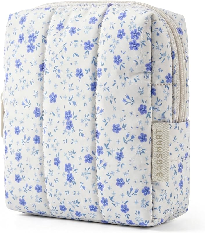 Necessaire de maquiagem BAGSMART Mini com bolso interno, zíper e estampa floral azul, 1 unidade