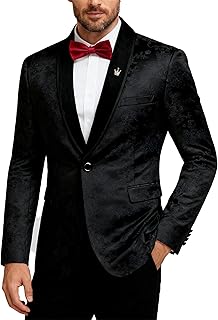 Men's Velvet Floral Blazer, One Button Tuxedo Jacket, Shawl Lapel Suit Coat for Dinner Prom Party Wedding