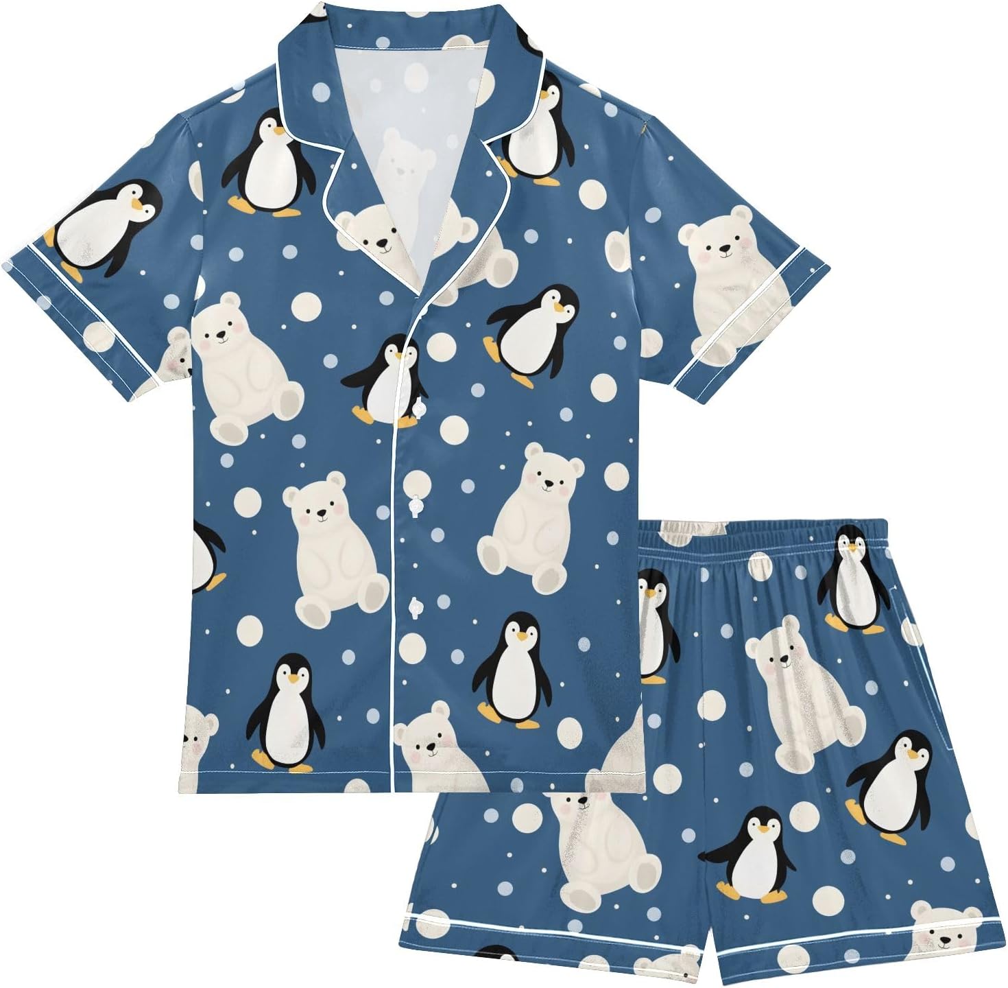Kids Satin Wear Set Penguin and White Bear Pattern Relaxed Fit Clothing Short Sleeve and Shorts