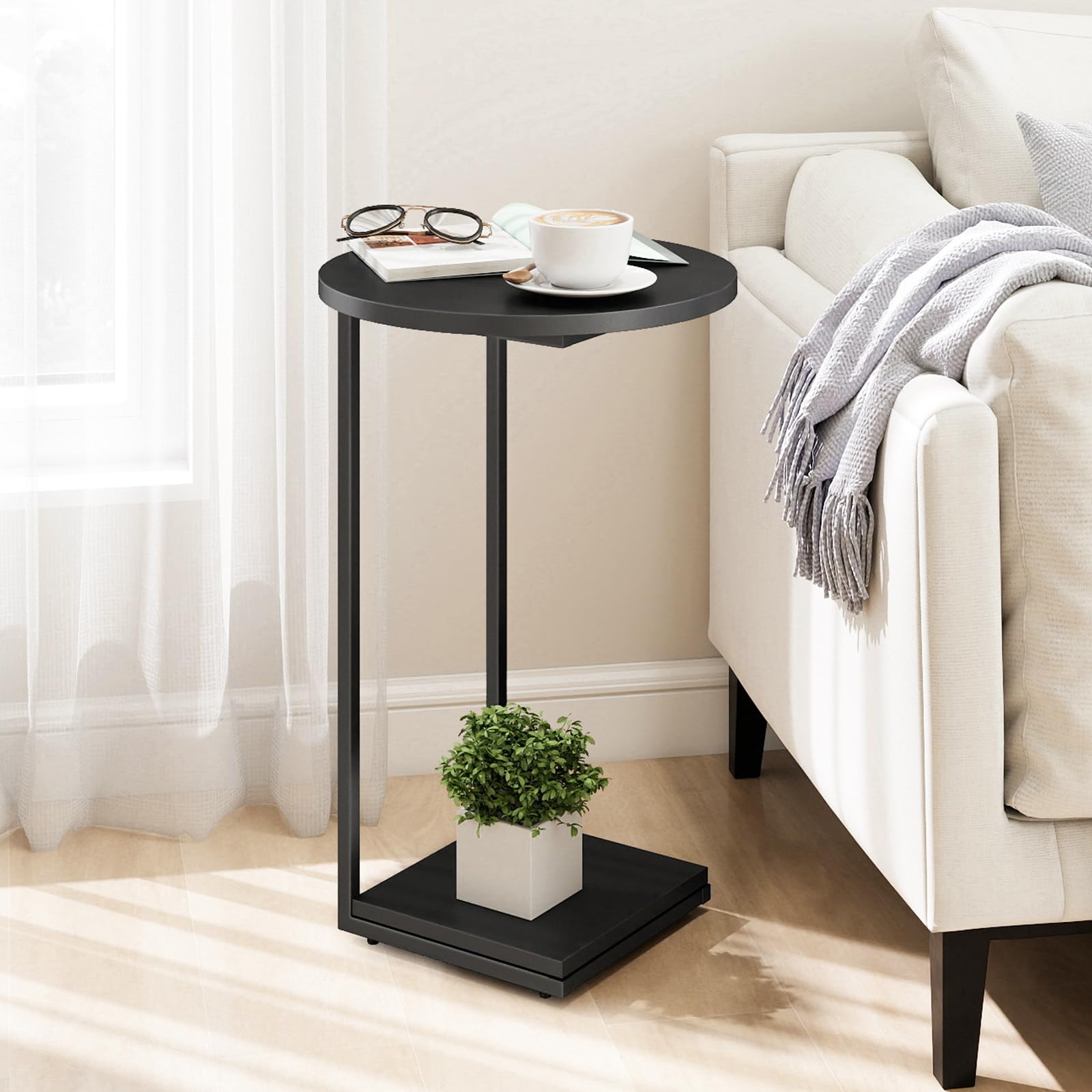 HDANI Table d’Appoint Ronde,Petite Bout de canapé Forme C,Noir