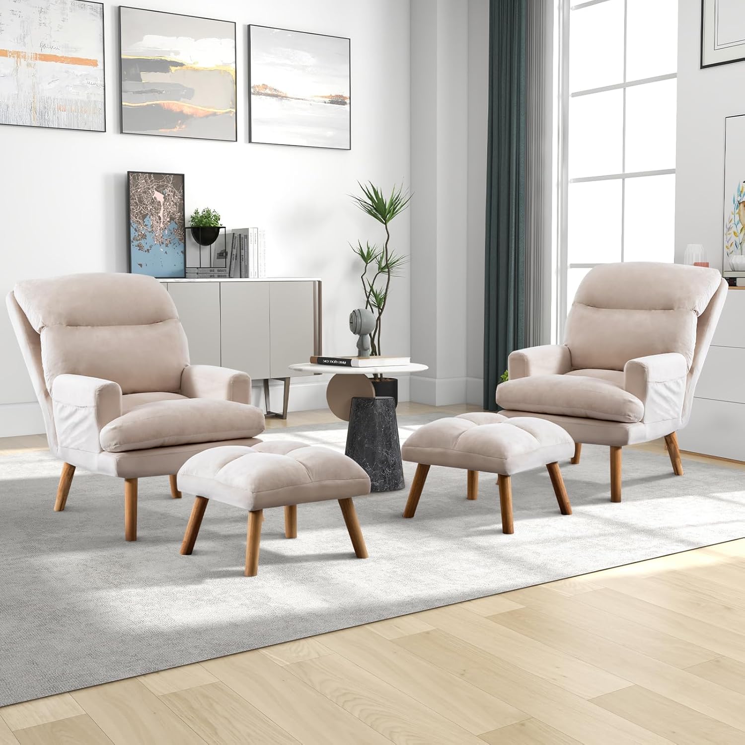 CANMOV Modern Accent Chair with Ottoman, Soft Fabric Armchair with Adjustable Backrest and Side Pockets, Comfy Lounge Chair for Living Room, Bedroom, Apartment, Office, Camel