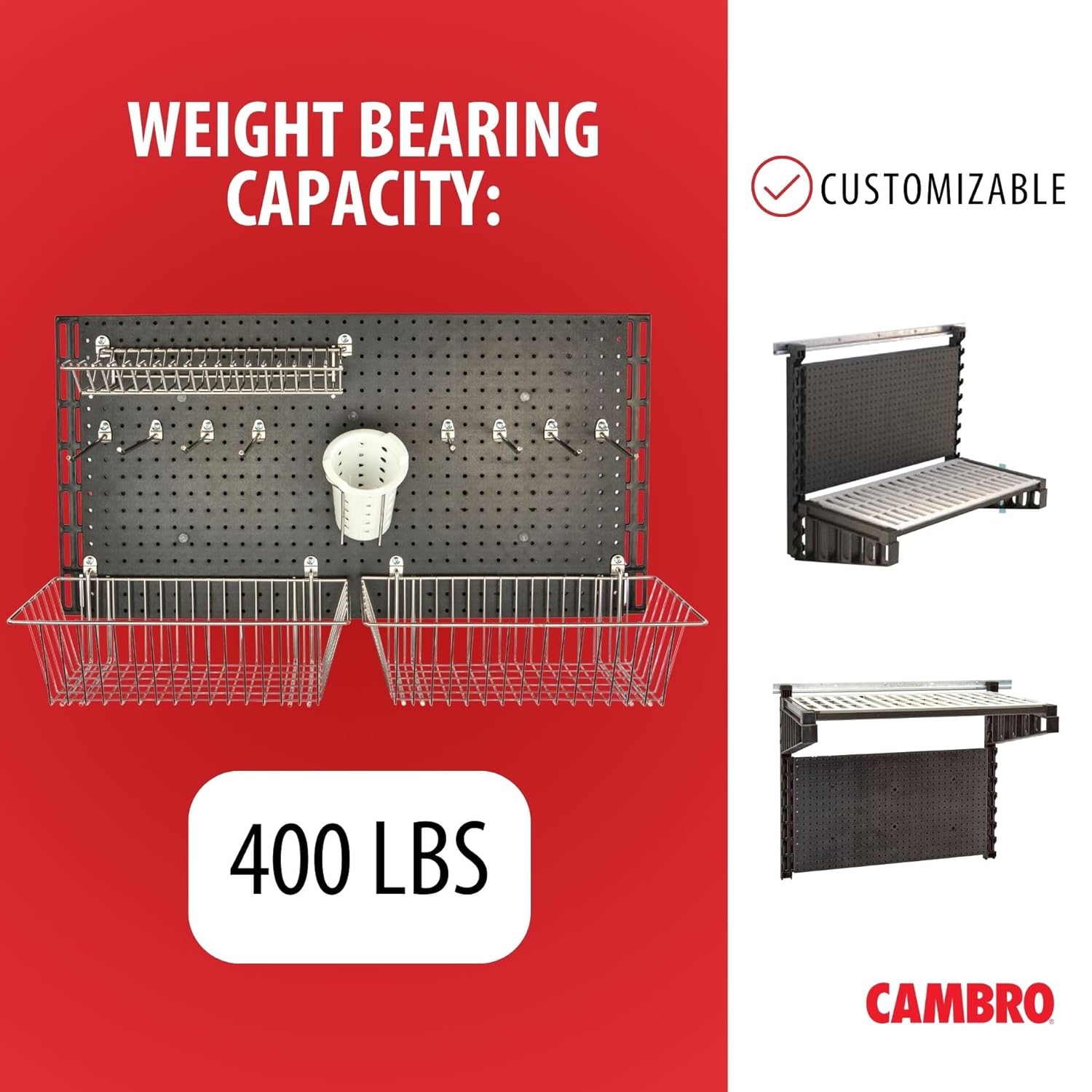 Cambro Kitchen Wall Shelf and Pegboard Organizer Kit - Add On Kit - Includes 2 Wire Baskets, 1 Lid Holder Rack, 1 Utensil Holder and 8 Peg Hooks - 1 Post Extension