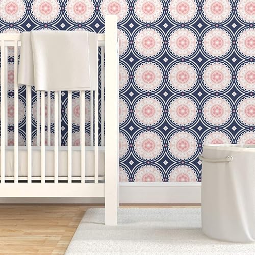 Miniatura 6 de Peel & Stick Wallpaper Swatch - Navy Pink White Circle Girls Room Custom Removable Wallpaper by Spoonflower