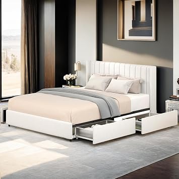 Queen Size Ivory Boucle Upholstered Platform Bed Frame with 4 Storage Drawers, Adjustable Curved Tufted Headboard, Heavy Duty Metal Frame Boucle, Ivory White, 2 Drawers