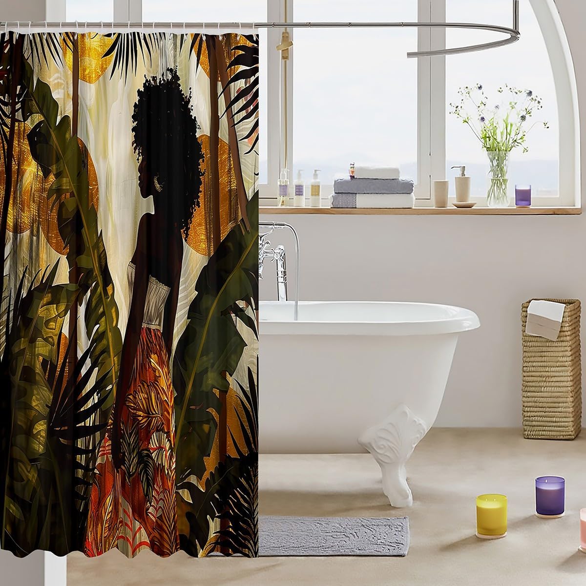 jejeloiu Black Afro Girl Bath Curtain 72"x78" African American Woman Lady Shower Curtain for Kids Abstract Boho Tropical Plant Leaves Bathroom Shower Curtain Set Modern Decor Kids Bathroom Accessories