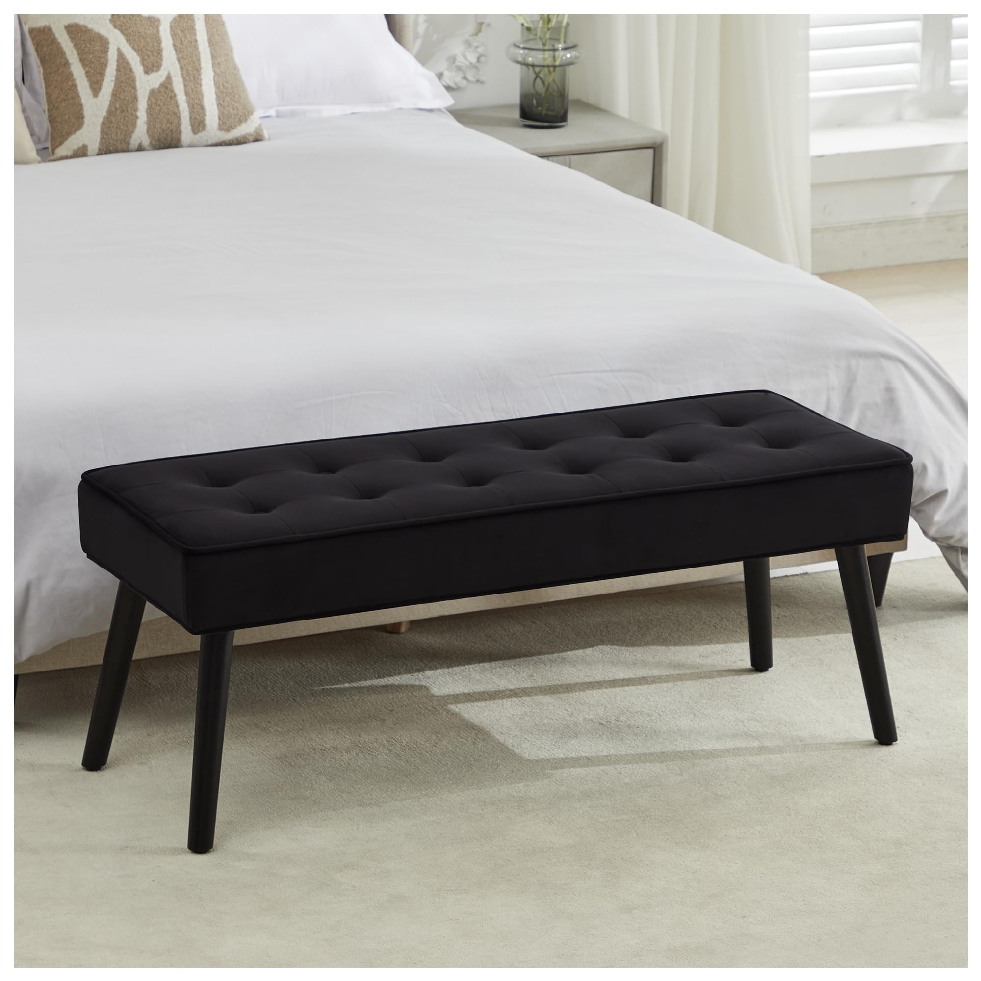 LOULENS 44'' Velvet Entryway Bench, Modern Upholstered Buttons Tufted End of Bed Bench with Solid Wood Legs, Comfortable Bed Ottoman for Bedroom,