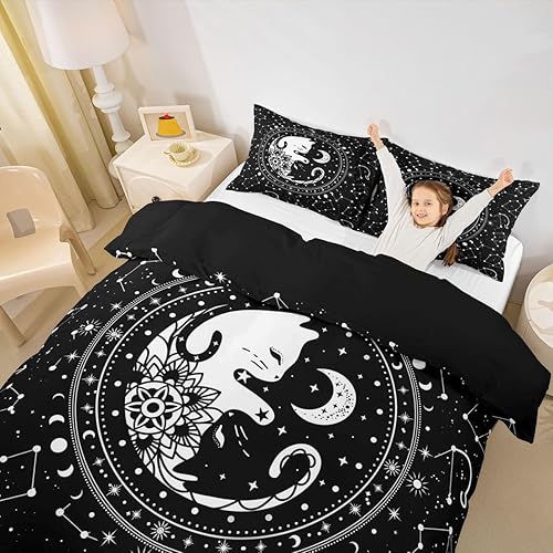 Miniatura 3 de Funda de Edredón de Gatos Galaxia Tamaño Full, Juego de Ropa de Cama Gótica de Luna Estrellada y Constelación 3 piezas para Decoración de Habitación