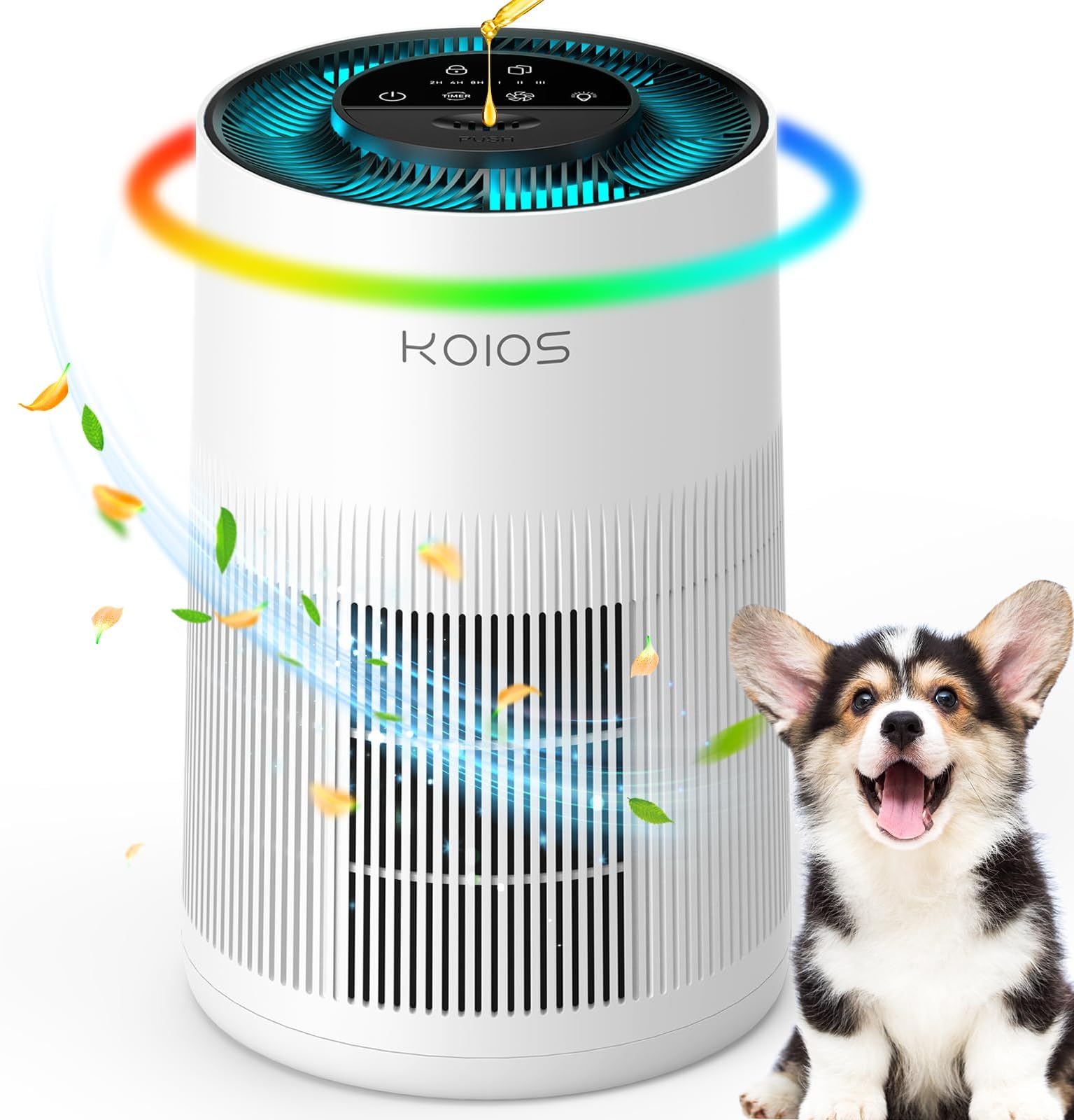 Air Purifiers for Home Large Room 1200ft², KOIOS H13 True HEPA Air Purifier for Bedroom with 7 Colorful Lights, Aromatherapy, Desktop Air Filter Cleaner for Smoke Dust Pollen Pets Dander Odor, AP2303