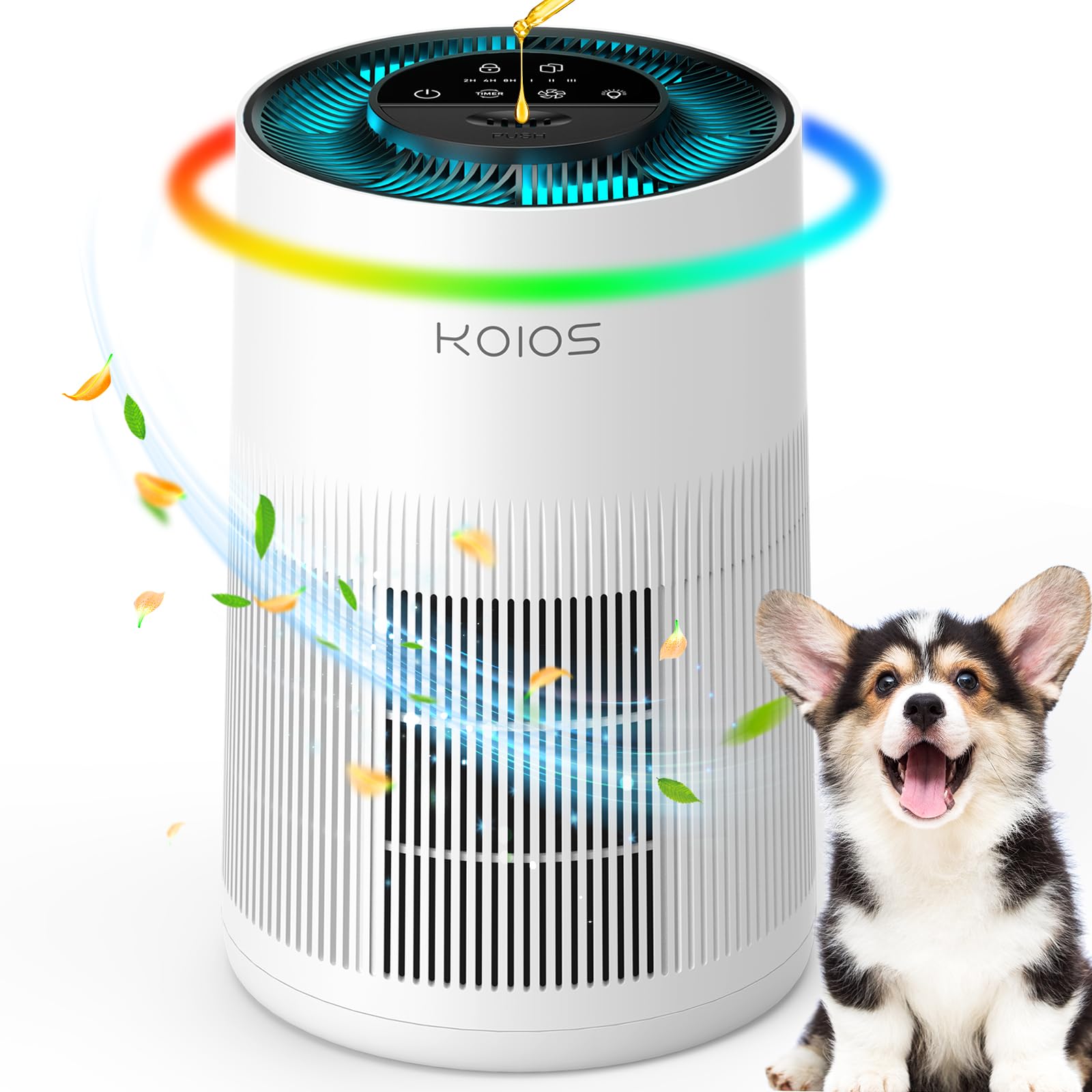 Air Purifiers for Home Large Room 1200ft², KOIOS H13 True HEPA Air Purifier for Bedroom with 7 Colorful Lights, Aromatherapy, Desktop Air Filter Cleaner for Smoke Dust Pollen Pets Dander Odor, AP2303