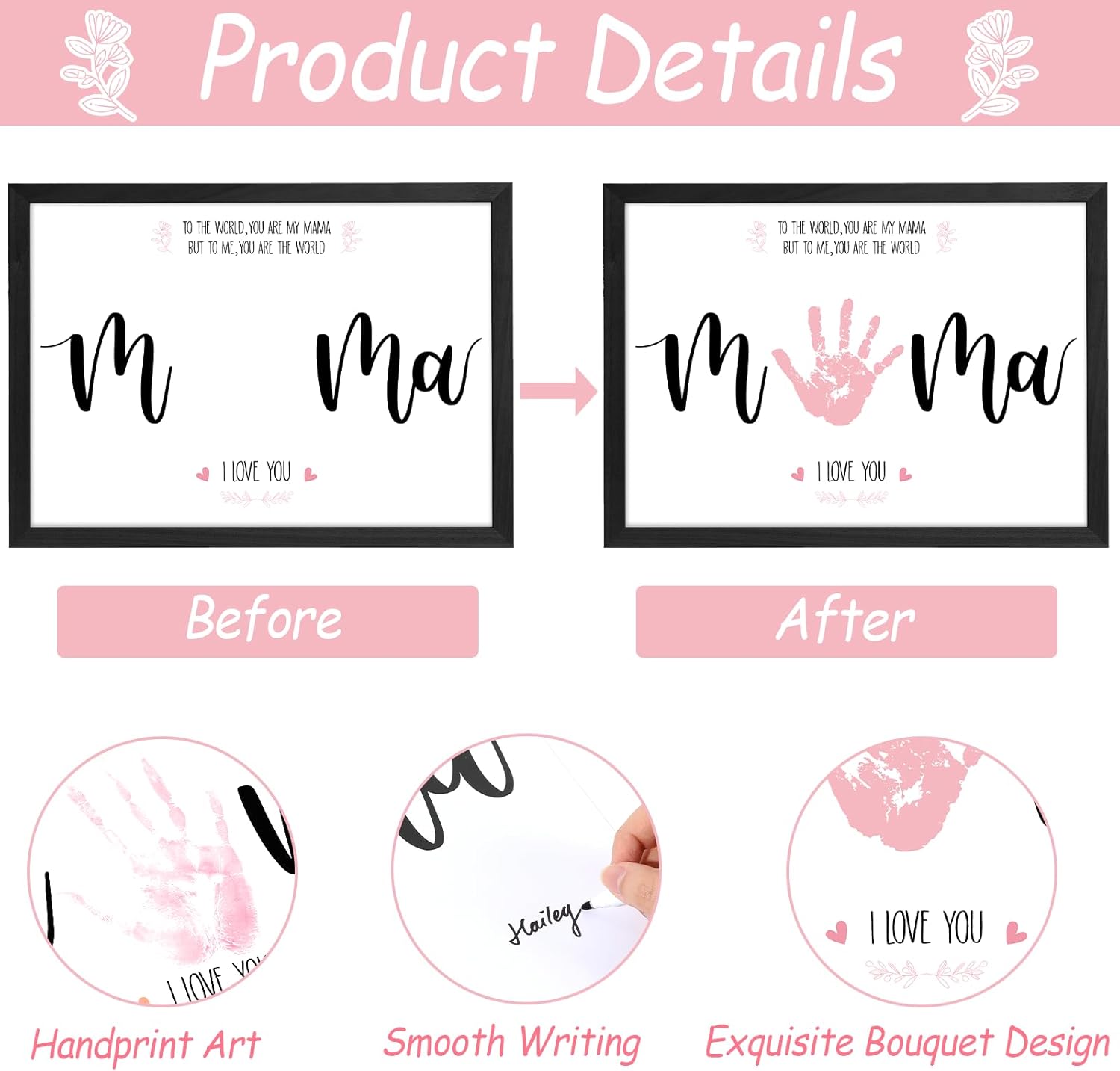 QOUBAI Mother's Day Handprint Art DIY Gift Kit Mother's Day Craft from Daughter or Son Children Adults Handprint Keepsake for Mom Grandma Birthday Gifts Holiday Activities (12X16in,Black Wood Frame)