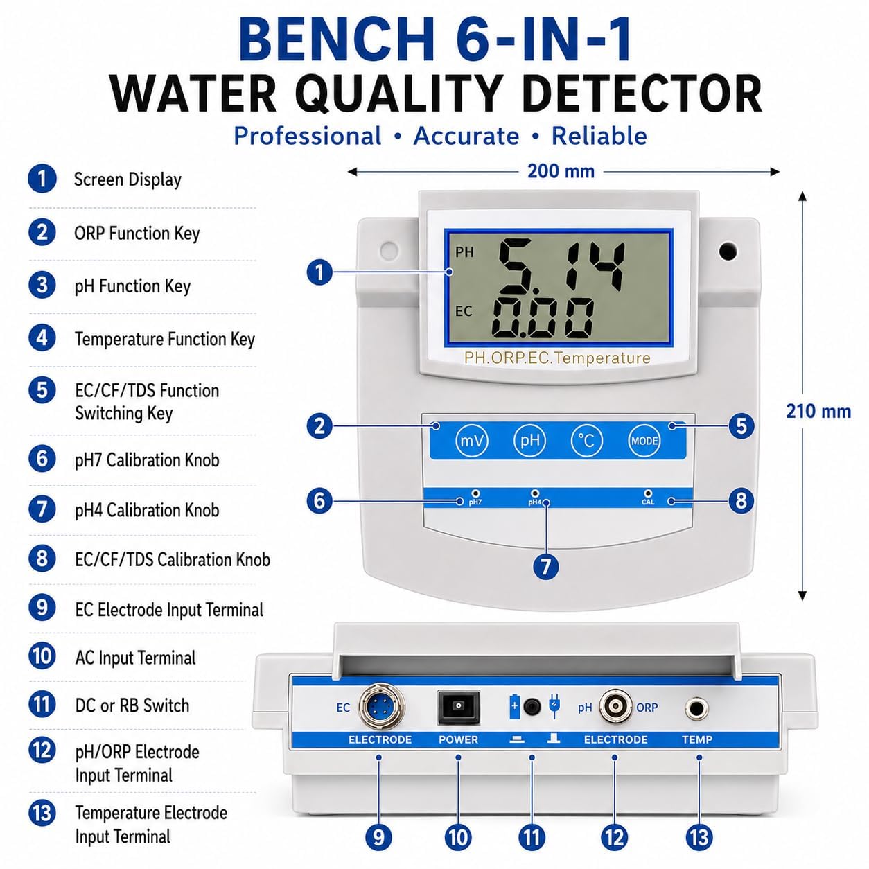 Kit de medidor de pH digital 6 en 1 con compensación de temperatura y almacenamiento de datos para acuario, laboratorio, granja y pesca