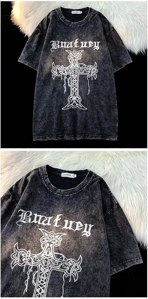 Men Y2K Gothic Cross Shirts Vintage Grunge Letter Graphic Tees T
