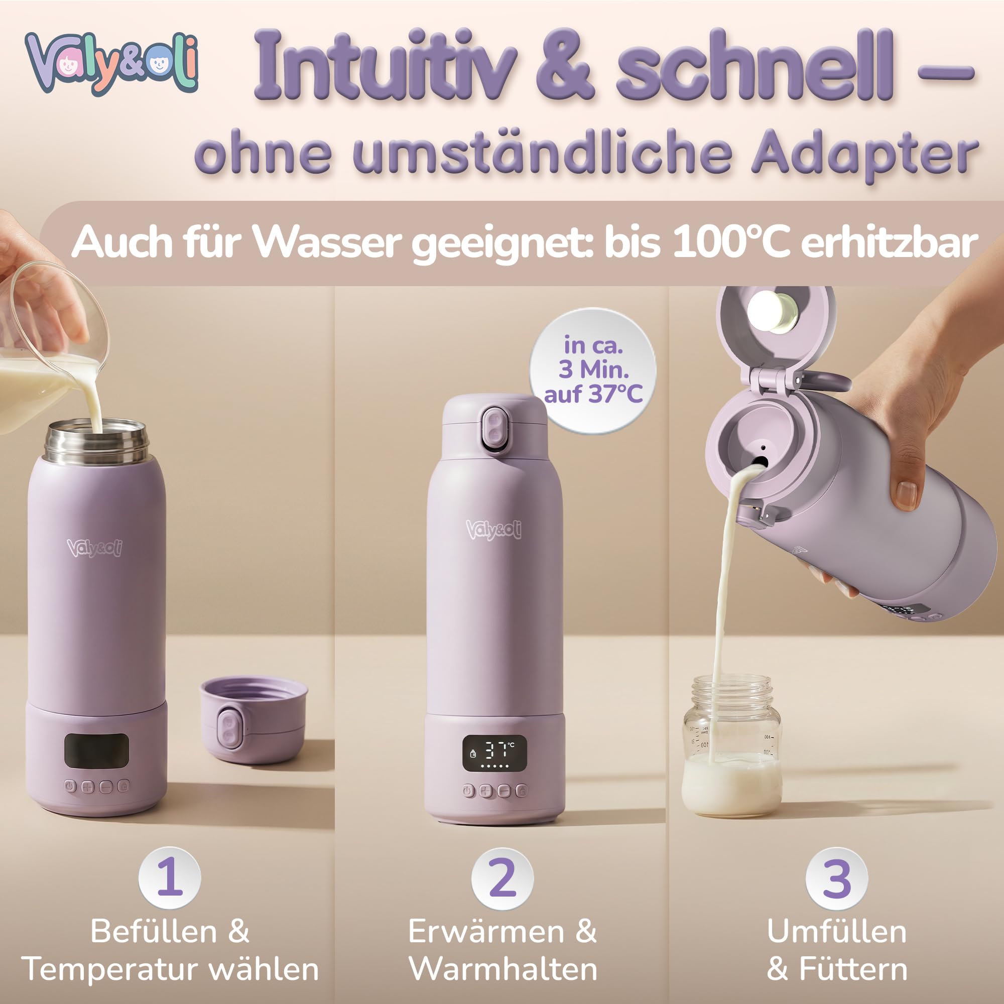 Valy&Oli® Flaschenwärmer Baby Unterwegs [Power 16.000mAh Akku] - Blitzschnell in 3 Min auf 37°C [Bis 100°C] - Tragbarer Milchwärmer [500ml] - Auslaufsicherer Babyflaschenwärmer (Lavendel-Lila)
