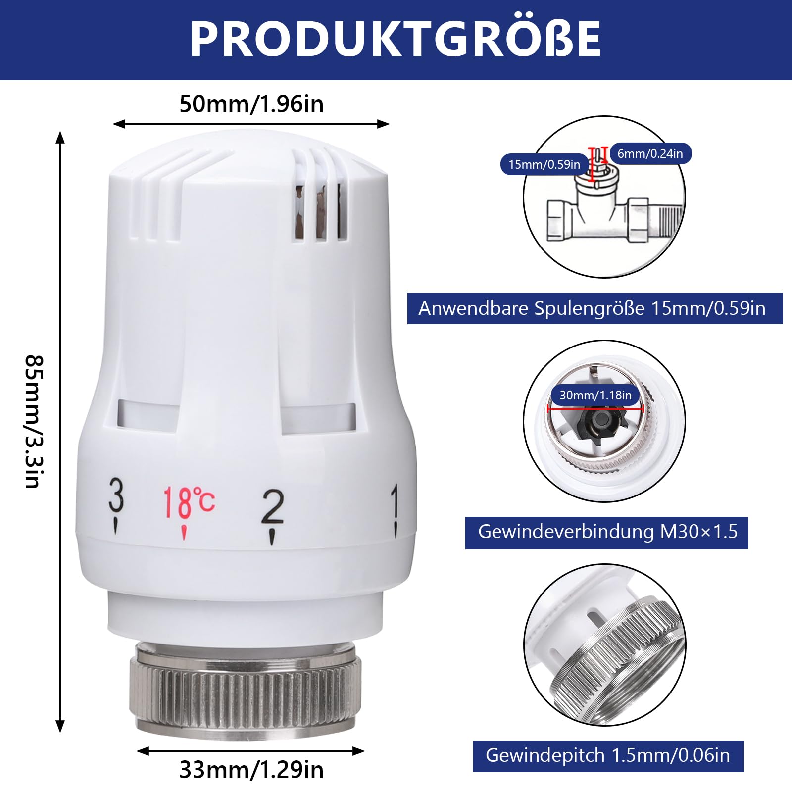 Testina termostatica, valvola per radiatore per filettatura M30 x 1,5, termostatica, testa di ricambio, termostato per termosifone, termostato per casa, ufficio (8 pezzi)