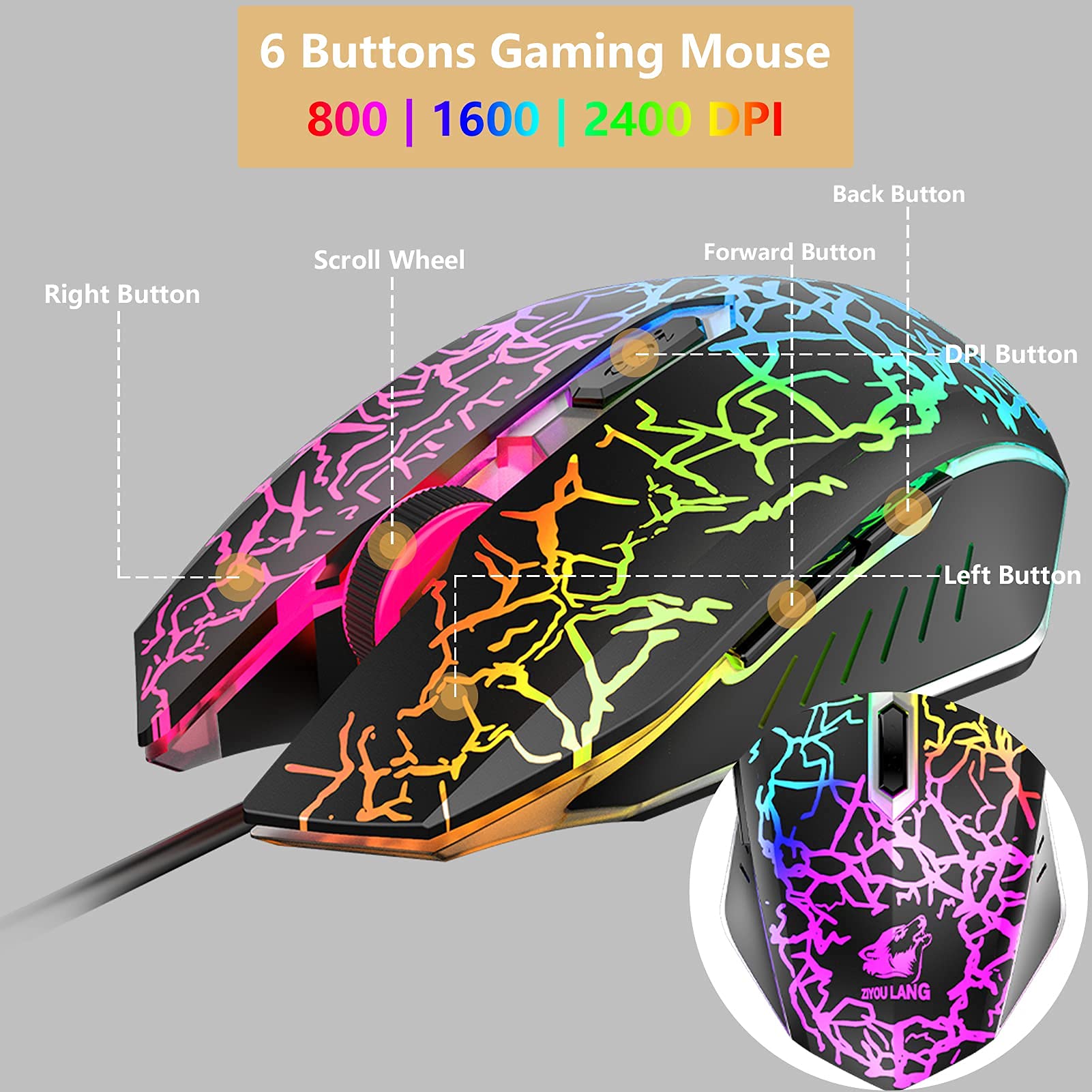 ZIYOU LANG T13 [Español QWERTY] Teclado y Raton Gaming Rainbow LED 104 Teclas para Teclado Mecanico Sentir Gamer 2400 dpi Retroiluminado Raton con Alfombrilla para PS5 PC Laptop Mac - Negro