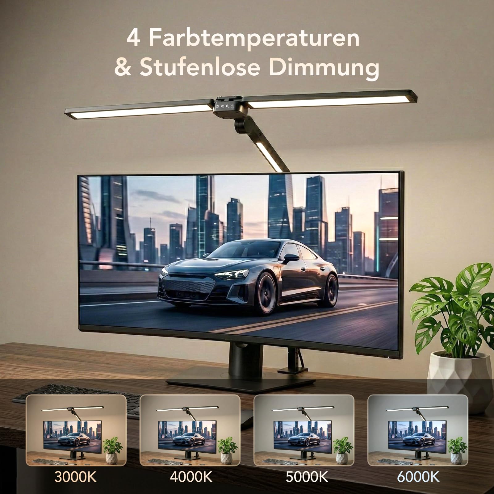 Tomshine LED Schreibtischlampe 24W Doppelkopf Klemmleuchte Dimmbar mit Fernbedienung, 272 LEDs 1500LM CRI 95+ Hell, 4 Farben Timer, Augenschonende Architektenlampe für Büro