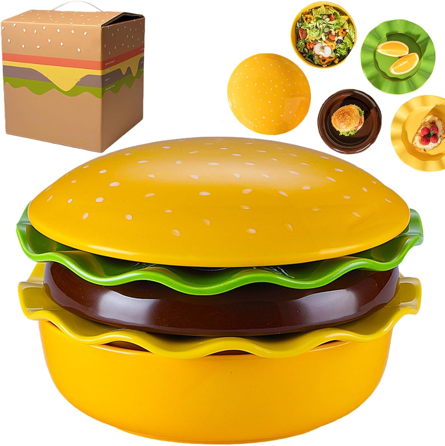 2026 Upgraded Ceramic Hamburger Plate Set,Platos En Forma De Hamburguesa,Burger Plate Set,5-Piece Novelty Stackable Burger Dinnerware Set,Gift For Family And Friends (1 set)