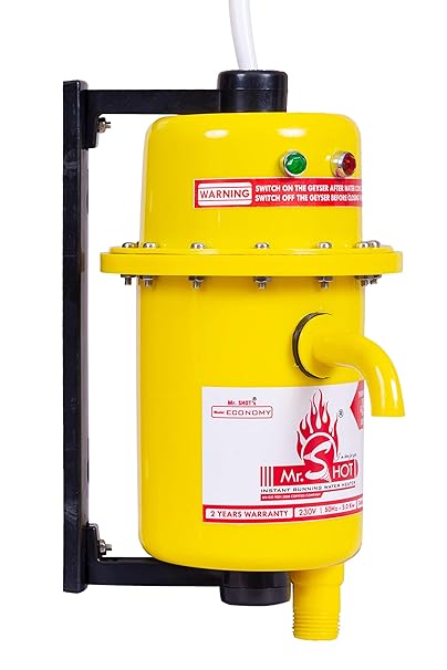 Mr.SHOT Economy Automatic Instant Water Heater - 3000W, PP (Polypropylene) Plastic, Auto Cut-Off, Auto Reset, Threaded Inlet, ISI Certified Heating Element, Yellow, Instant Geyser for Home
