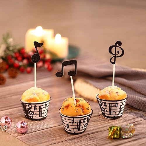 Miniatura 3 de 48 piezas de notas musicales para cupcakes y envolturas con símbolo musical de encaje, moldes de papel para hornear y palillos de dientes para