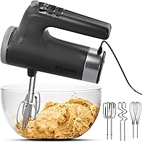 Stellagro 350W 9-Speed Electric Hand Mixer with Stainless Steel Whisks, Beaters & Dough Hooks, Turbo Timer, Snap Storage Case - Compact Gray Baking Mixer