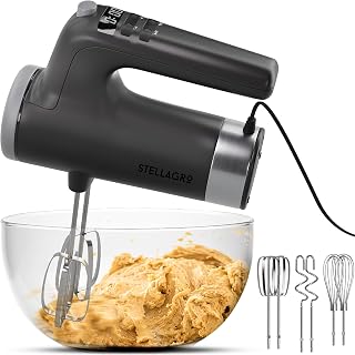 Stellagro 350W 9-Speed Electric Hand Mixer with Stainless Steel Whisks, Beaters & Dough Hooks, Turbo Timer, Snap Storage Case - Compact Gray Baking Mixer